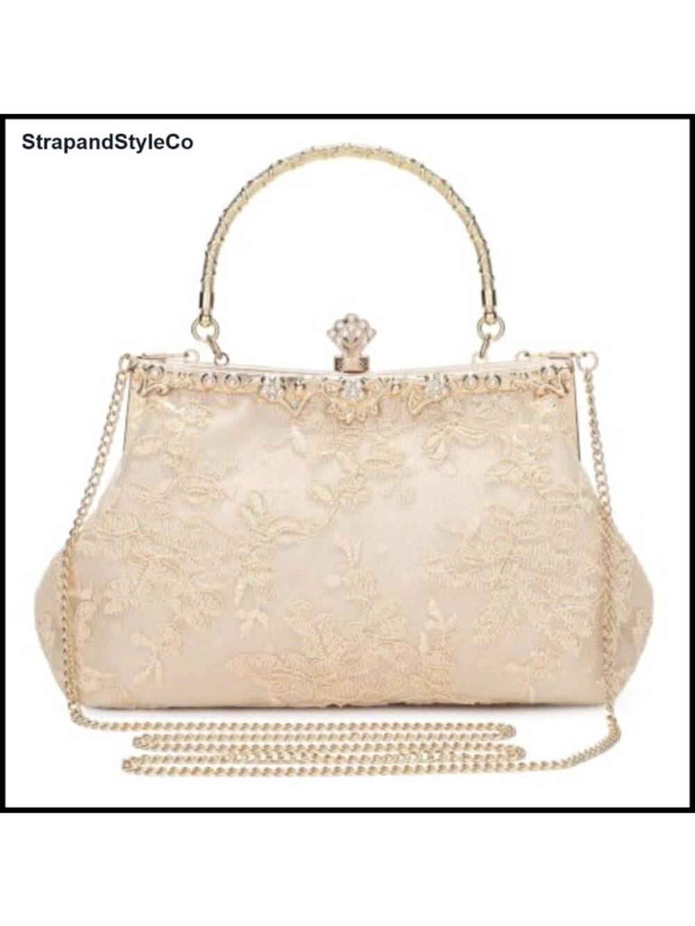 Floral Embroidered Evening Clutch with Top Handle and Detachable Chain Strap